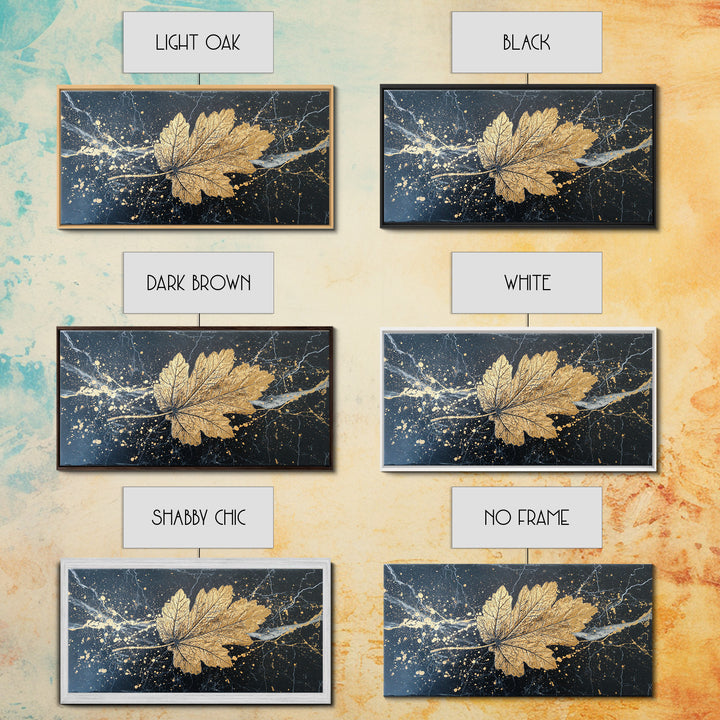 Golden Maple Leaf On Black, Gold Canvas Art, Real Wood Frame, Splatter Style, Nature Wall Decor, Leaf Print