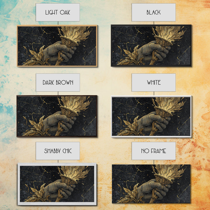 Gold Torch of Triumph Print, Detailed Hand and Flame, Wood Framed Map Wall Décor for Victory and Inspiration Themes
