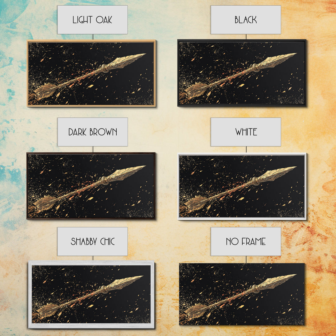 Golden Spear In Flight, Gold Canvas Print, Real Wood Frame, Dynamic Weapon Art, Mythology Inspired Wall Decor