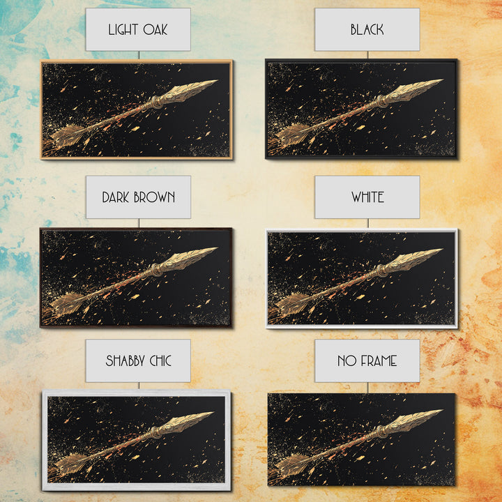 Golden Spear In Flight, Gold Canvas Print, Real Wood Frame, Dynamic Weapon Art, Mythology Inspired Wall Decor