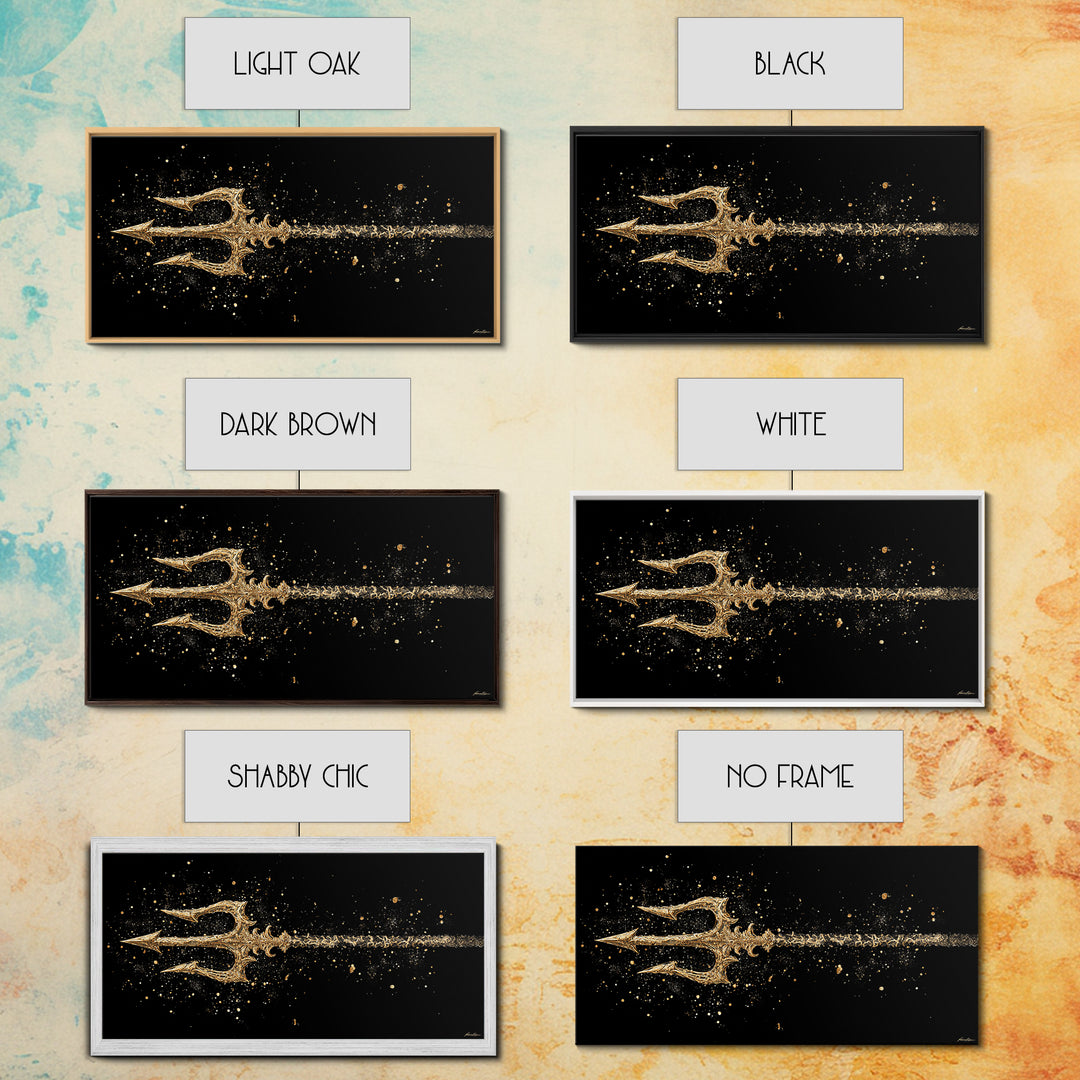 Gold Canvas Art of Decorative Trident in Motion, Splatter Effect on Black Background, Wood Framed Map Wall Art for Nautical Themes