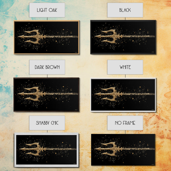 Gold Canvas Art of Decorative Trident in Motion, Splatter Effect on Black Background, Wood Framed Map Wall Art for Nautical Themes
