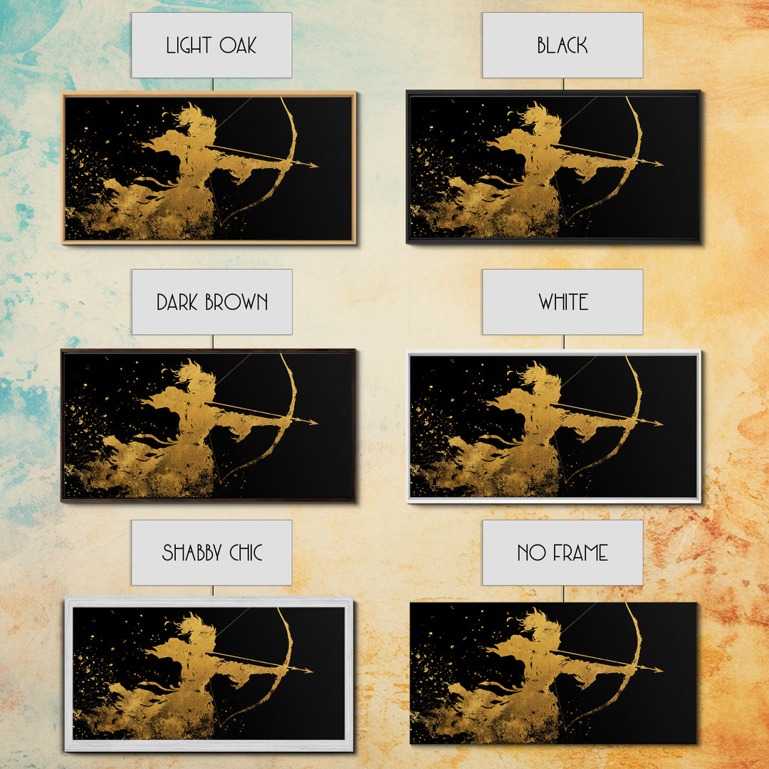 Artemis Greek Huntress Goddess Silhouette, Gold Canvas Print, Moonlit Mythology Wall Art, Elegant Classic Home Design