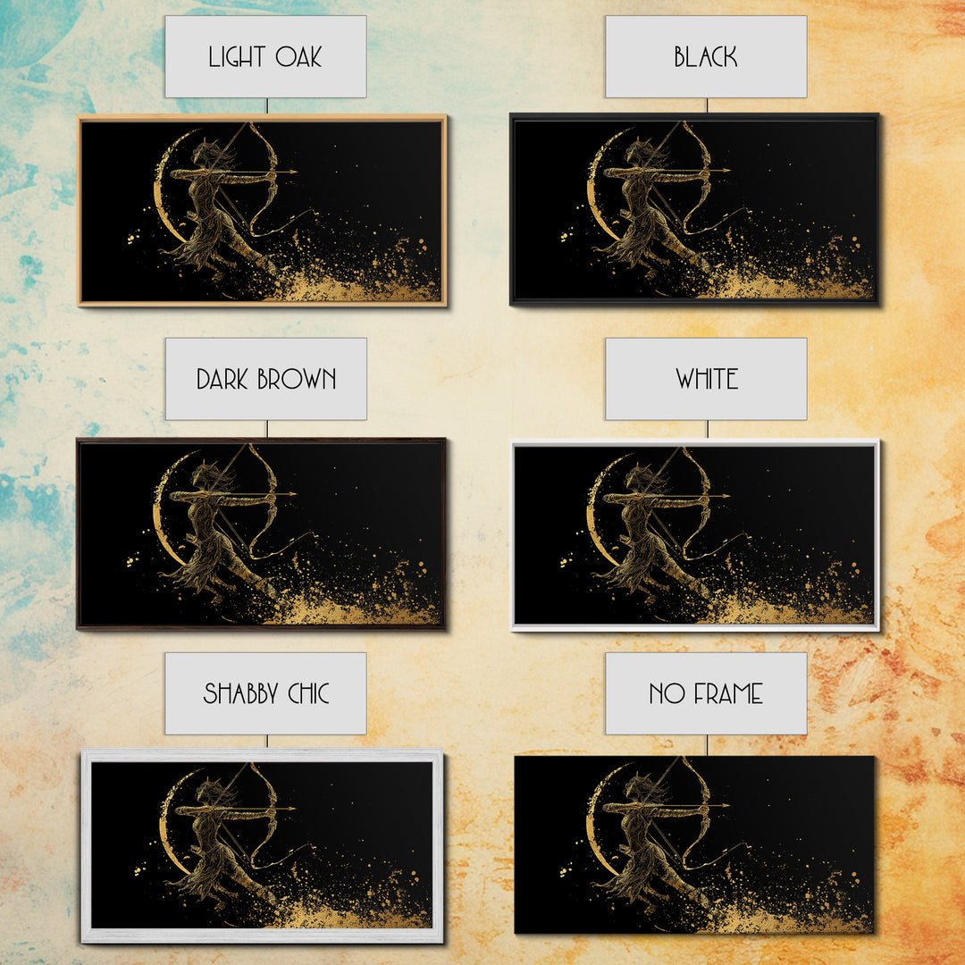 Gold Canvas Art Of Artemis Greek Goddess Archer, Black Background, Elegant Moon And Bow Design, Panoramic Mythology Wall Art
