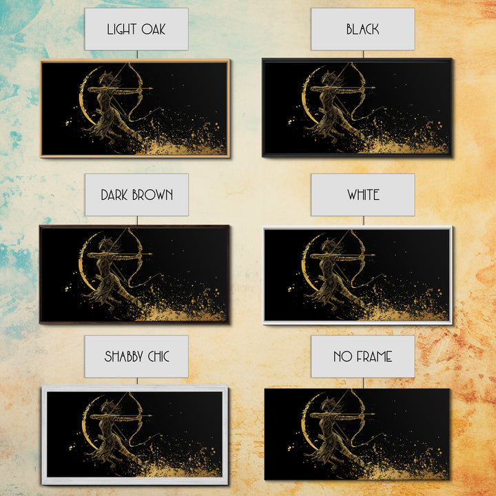 Gold Canvas Art Of Artemis Greek Goddess Archer, Black Background, Elegant Moon And Bow Design, Panoramic Mythology Wall Art