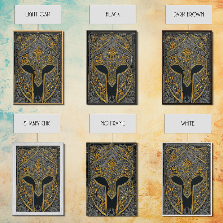Floral Spartan Helmet with Ancient Text – Canvas Gold Art, Greco-Roman Canvas Art Print, Historical Warrior Wall Piece