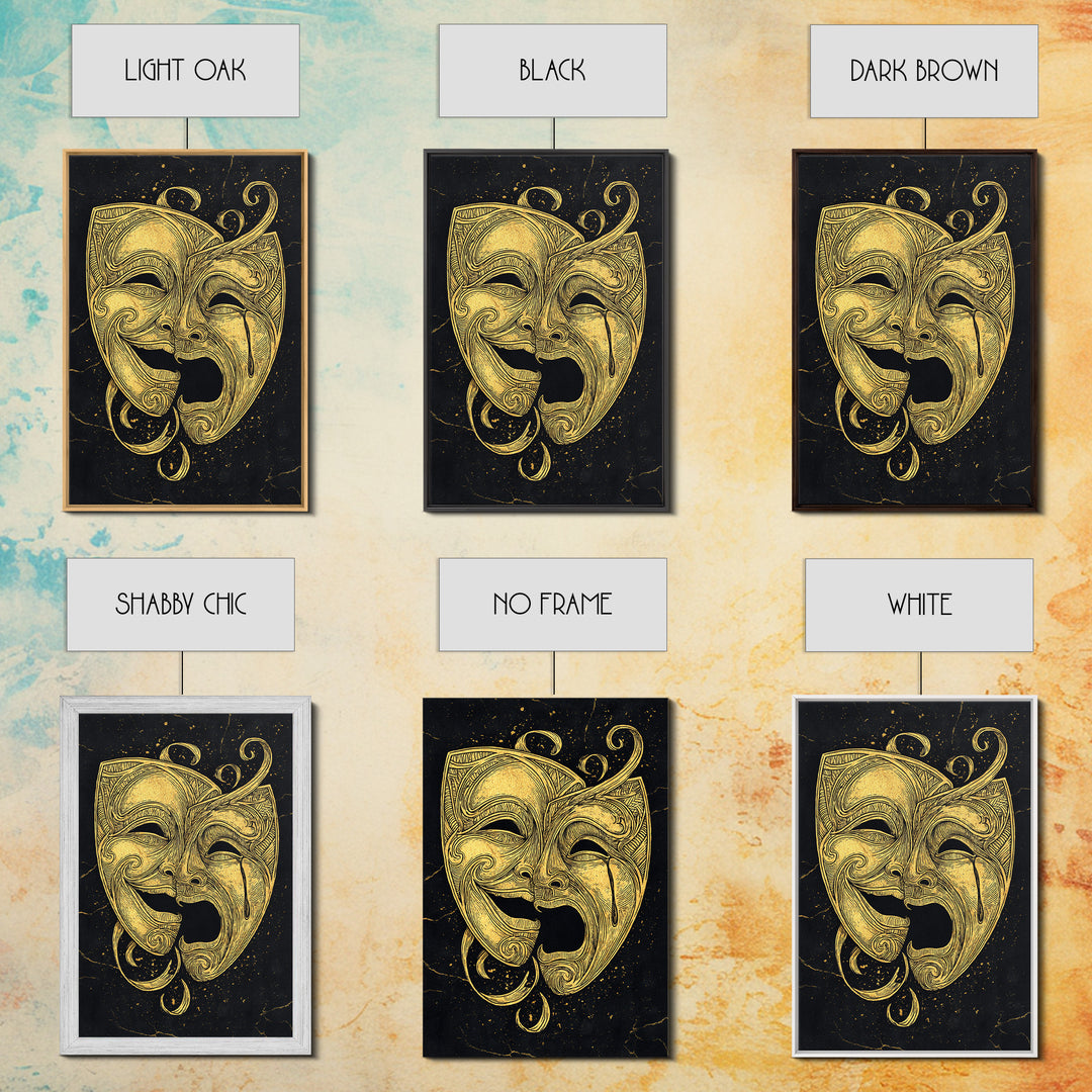 Comedy and Tragedy Theater Masks Canvas Gold Canvas Print – Dramatic Wall Art with Real Wood Frame for Home or Studio