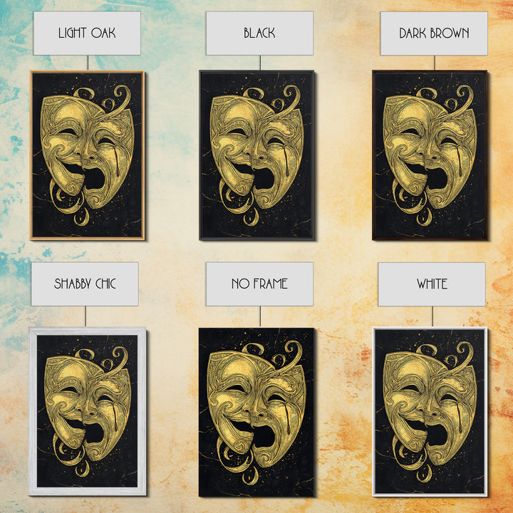 Comedy and Tragedy Theater Masks Canvas Gold Canvas Print – Dramatic Wall Art with Real Wood Frame for Home or Studio