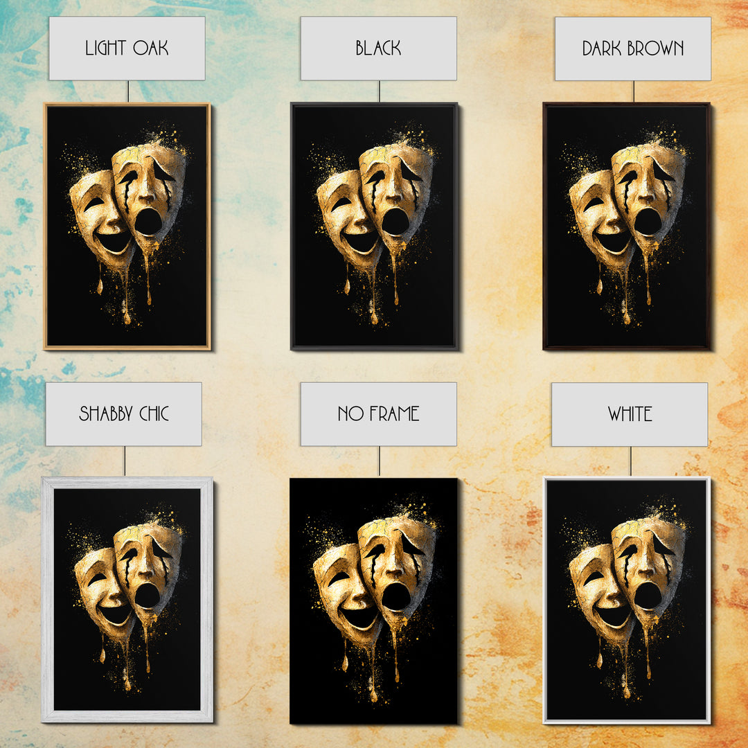 Melting Comedy and Tragedy Masks Canvas Gold Canvas Print – Emotional Theater Wall Art with Real Wood Frame