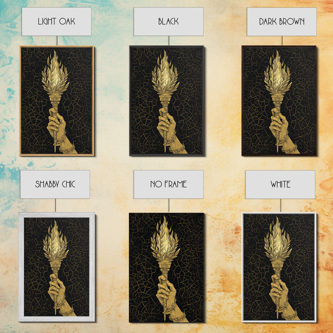 Olympic Flame Hand Holding Torch Canvas Gold Canvas Print – Classical Greek Inspired Wall Art with Real Wood Frame