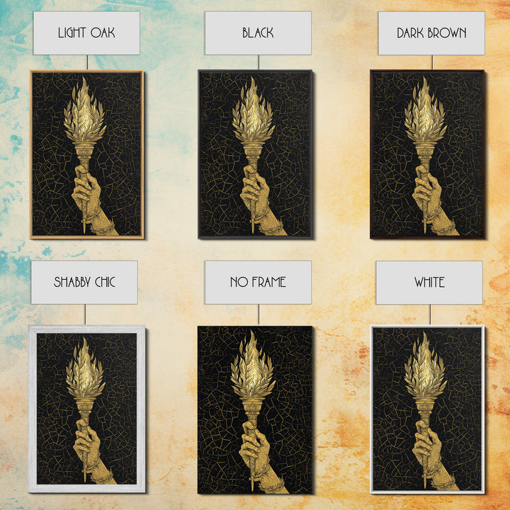 Olympic Flame Hand Holding Torch Canvas Gold Canvas Print – Classical Greek Inspired Wall Art with Real Wood Frame