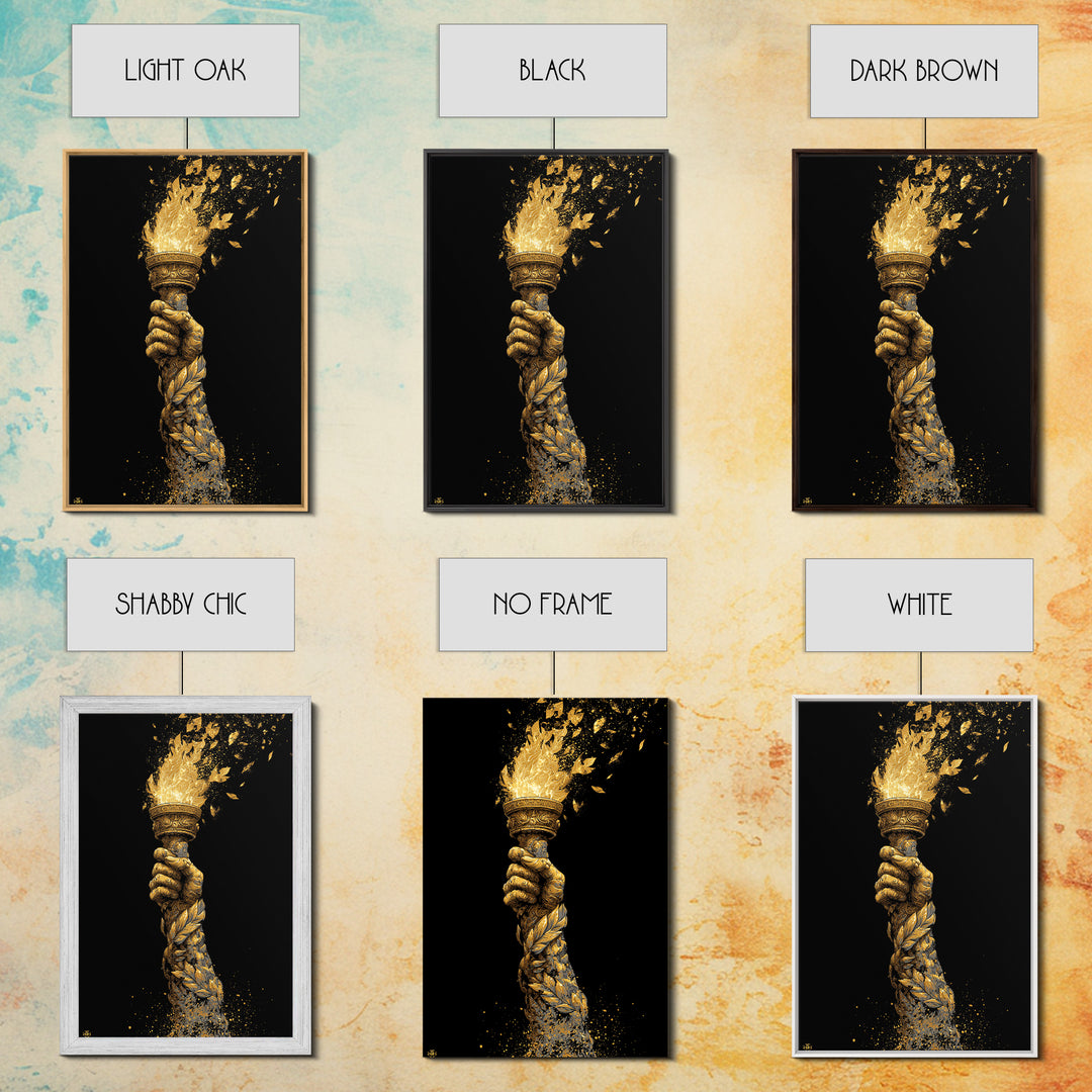 Flaming Laurel Torch Canvas Gold Canvas Print – Ancient Greek Victory Symbol Wall Art with Real Wood Frame