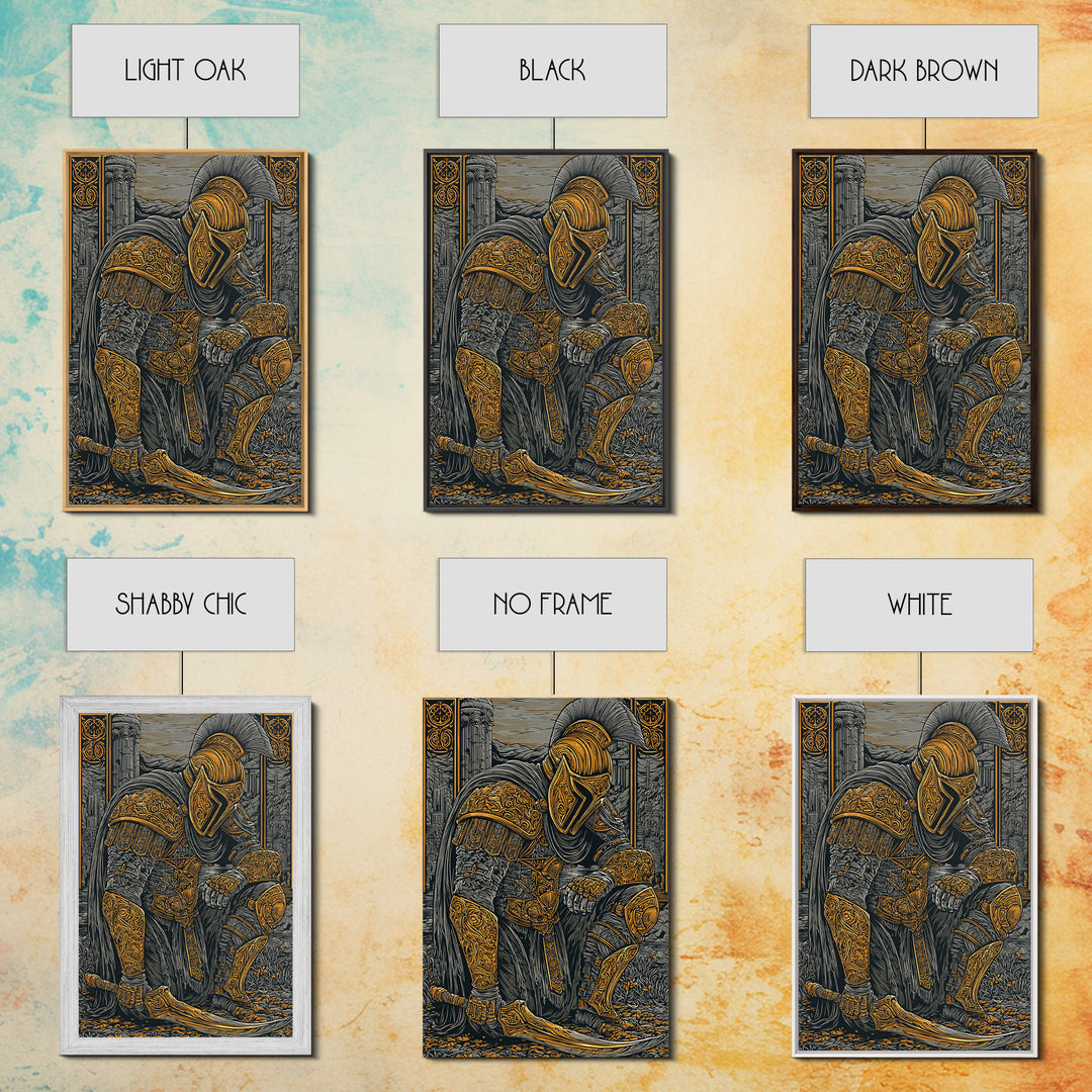 Kneeling Spartan Warrior Canvas Gold Canvas Print – Ancient Greek Hoplite Wall Art with Real Wood Frame