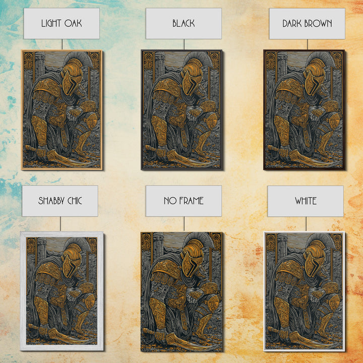 Kneeling Spartan Warrior Canvas Gold Canvas Print – Ancient Greek Hoplite Wall Art with Real Wood Frame