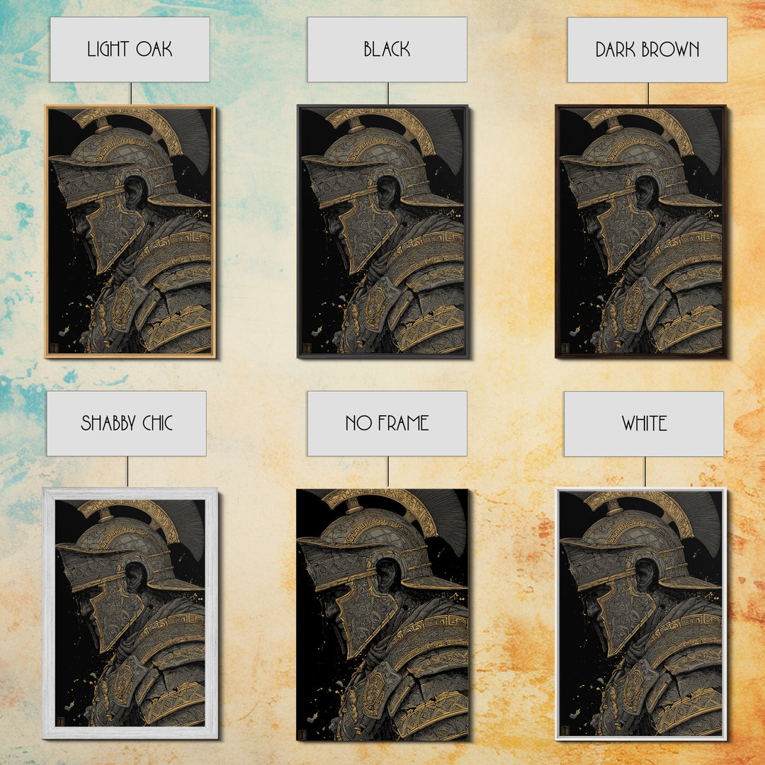 Profile Spartan Warrior Helmet Canvas Gold Canvas Print – Ancient Greek Hoplite Wall Art with Real Wood Frame