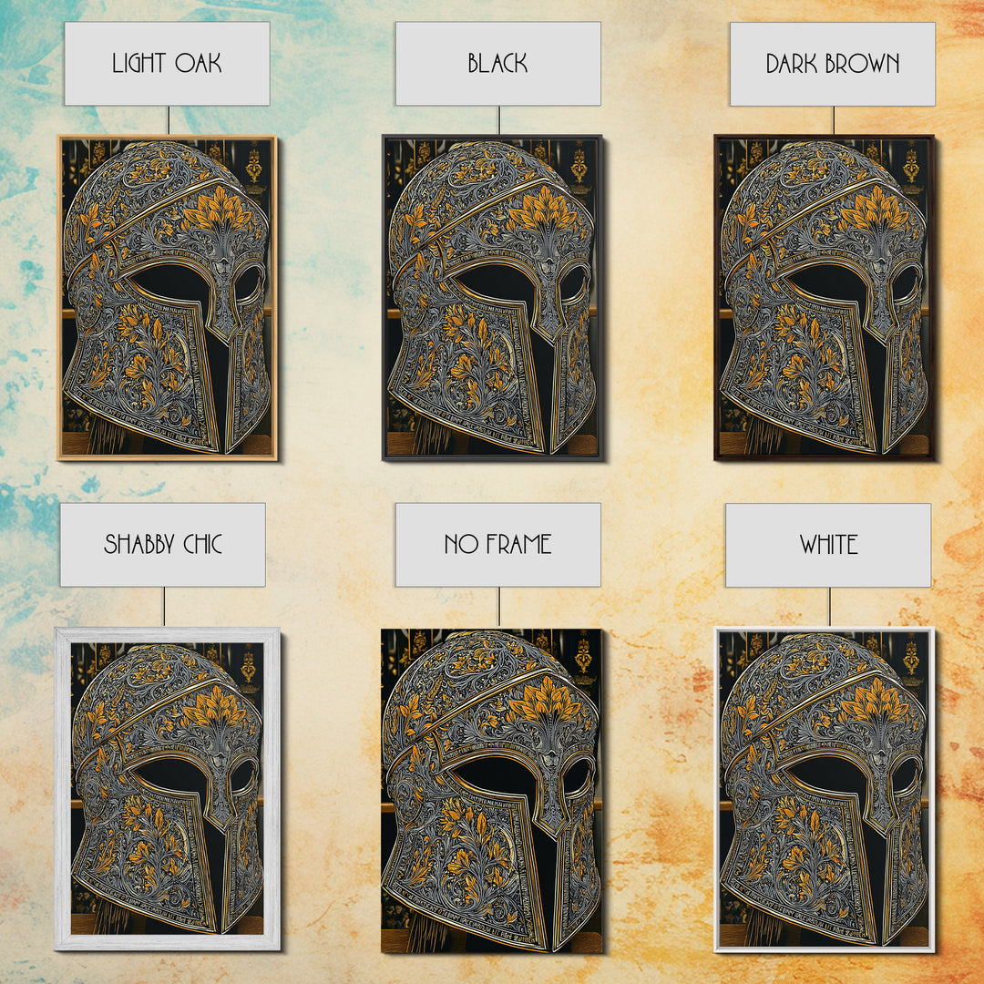 Floral Spartan Helmet with Golden Leaf Engraving – Canvas Gold Art, Real Wood Framed Canvas Art, Classic Warrior Helmet Wall Decor