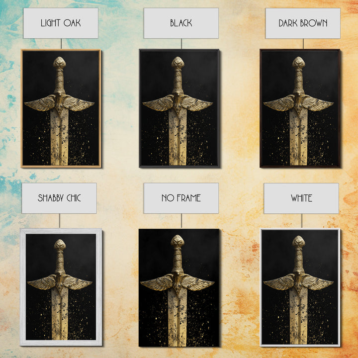 Golden Eagle Sword Canvas Gold Art – Ornate Medieval Blade with Spreading Wings, Real Wood Frame Warrior Home Décor