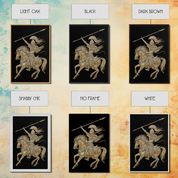 Ancient Warrior on Horseback Canvas Gold Canvas Print – Greek Mythology Spear Rider, Real Wood Frame Classical Wall Art