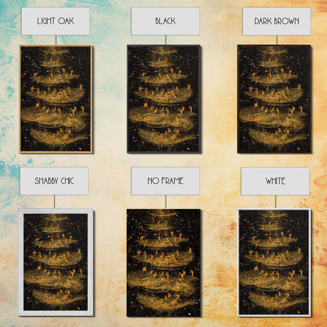 Celestial Battle Layers Canvas Gold Canvas Print – Mythological Figures Across Cosmic Rings, Real Wood Frame Fantasy Art