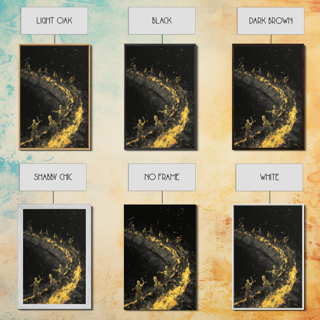 Warriors on Golden Path Canvas Gold Art – Surreal Spiral Battle Scene, Real Wood Frame Mythology Inspired Wall Décor