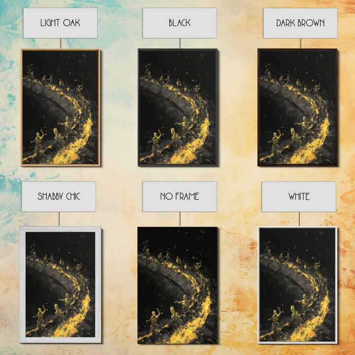 Warriors on Golden Path Canvas Gold Art – Surreal Spiral Battle Scene, Real Wood Frame Mythology Inspired Wall Décor