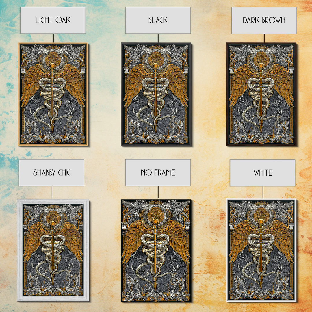 Ornate Medical Symbol Artwork, Caduceus Wall Decor With Wings And Serpents, Canvas Gold Canvas Print, Real Wood Frame
