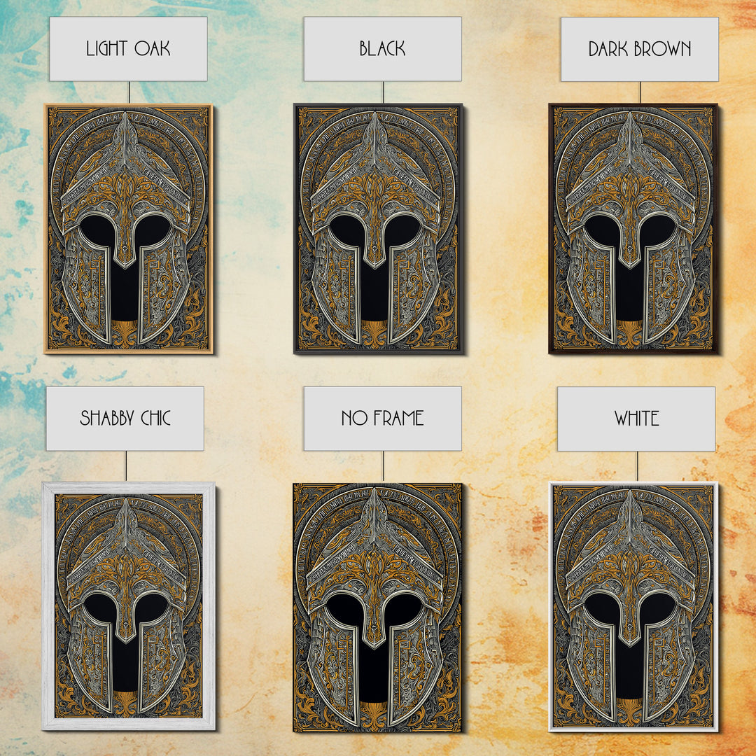 Ornate Bronze and Silver Spartan Helmet Wall Print – Canvas Gold Art, Real Wood Frame Canvas Art, Classical Greek Warrior Decor