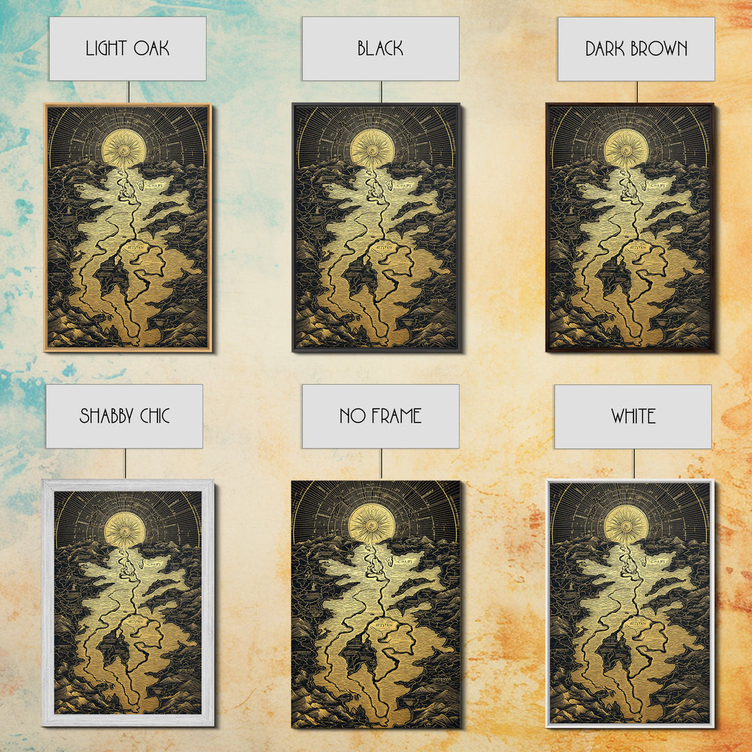 Celestial Map Artwork, Mythical Golden Sun And River Wall Art, Canvas Gold Canvas Print, Real Wood Frame, Ancient Inspired Decor
