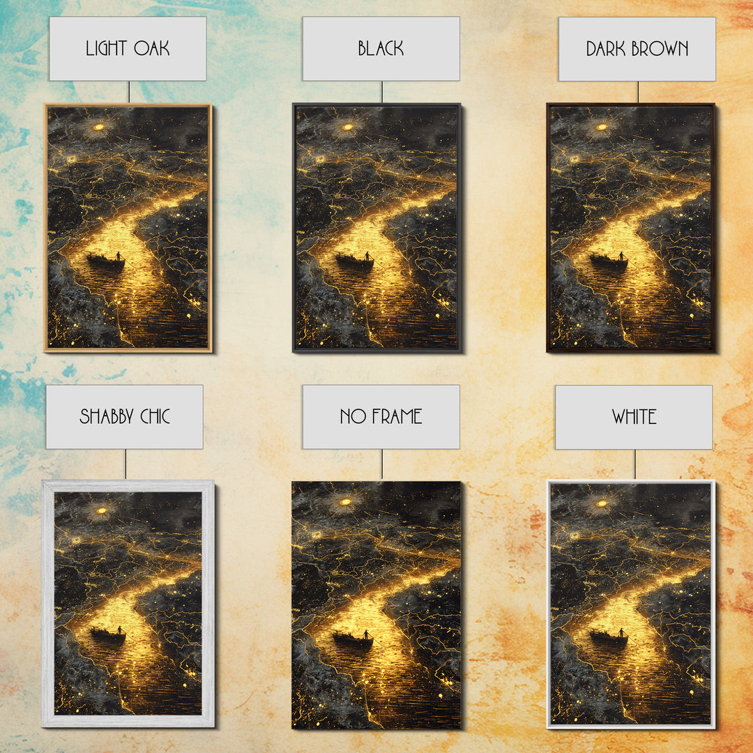Mythical Boat Journey Artwork, Celestial Golden Map Wall Art, Canvas Gold Canvas Print, Real Wood Frame, Mystical Decor