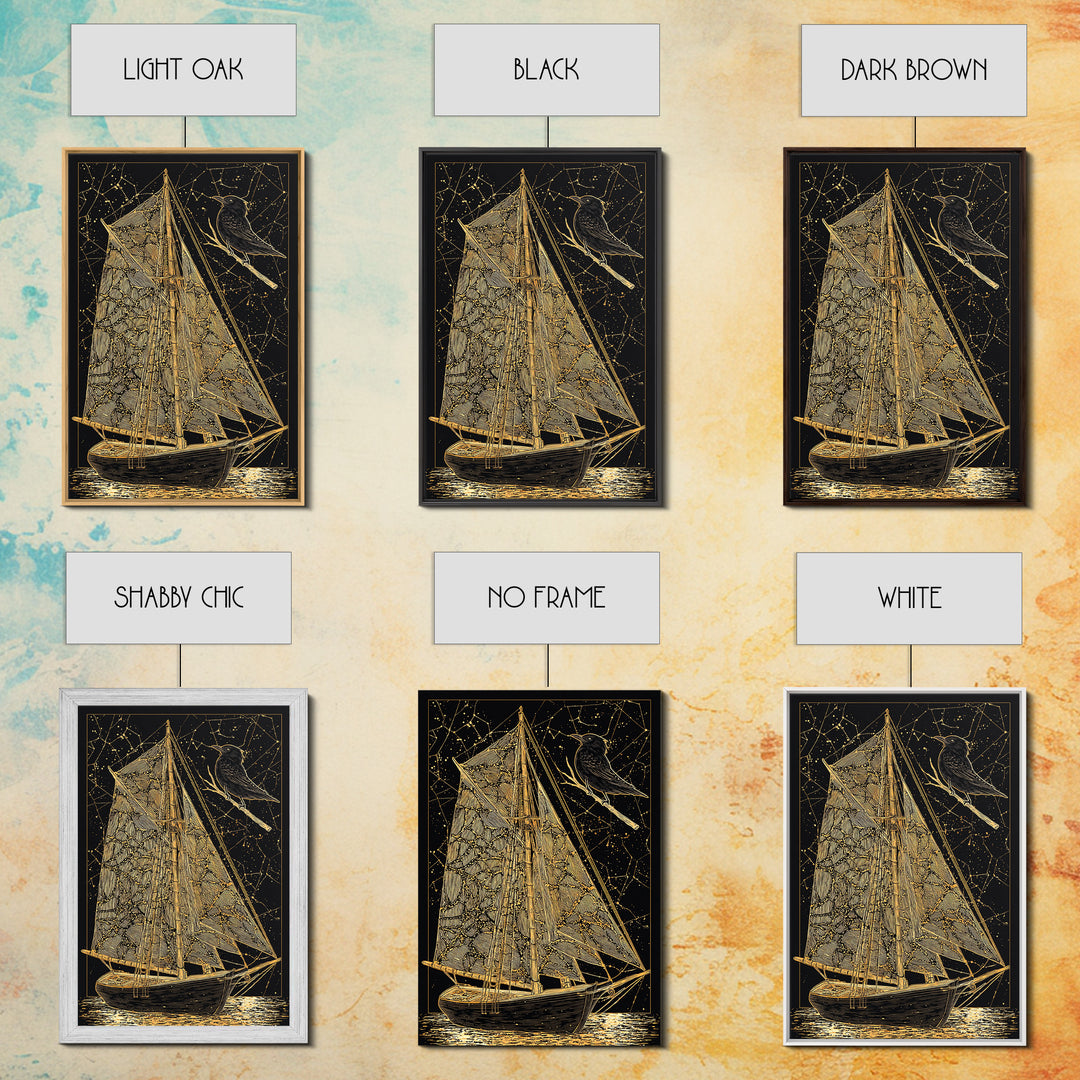 Golden Sailboat Artwork, Mythical Nautical Journey Wall Art, Canvas Gold Canvas Print, Real Wood Frame, Celestial Decor