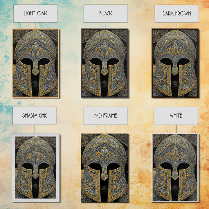 Floral Engraved Ancient Warrior Helmet Design – Canvas Gold Art, Classic Canvas Art in Real Wood Frame, Greek History Wall Decor