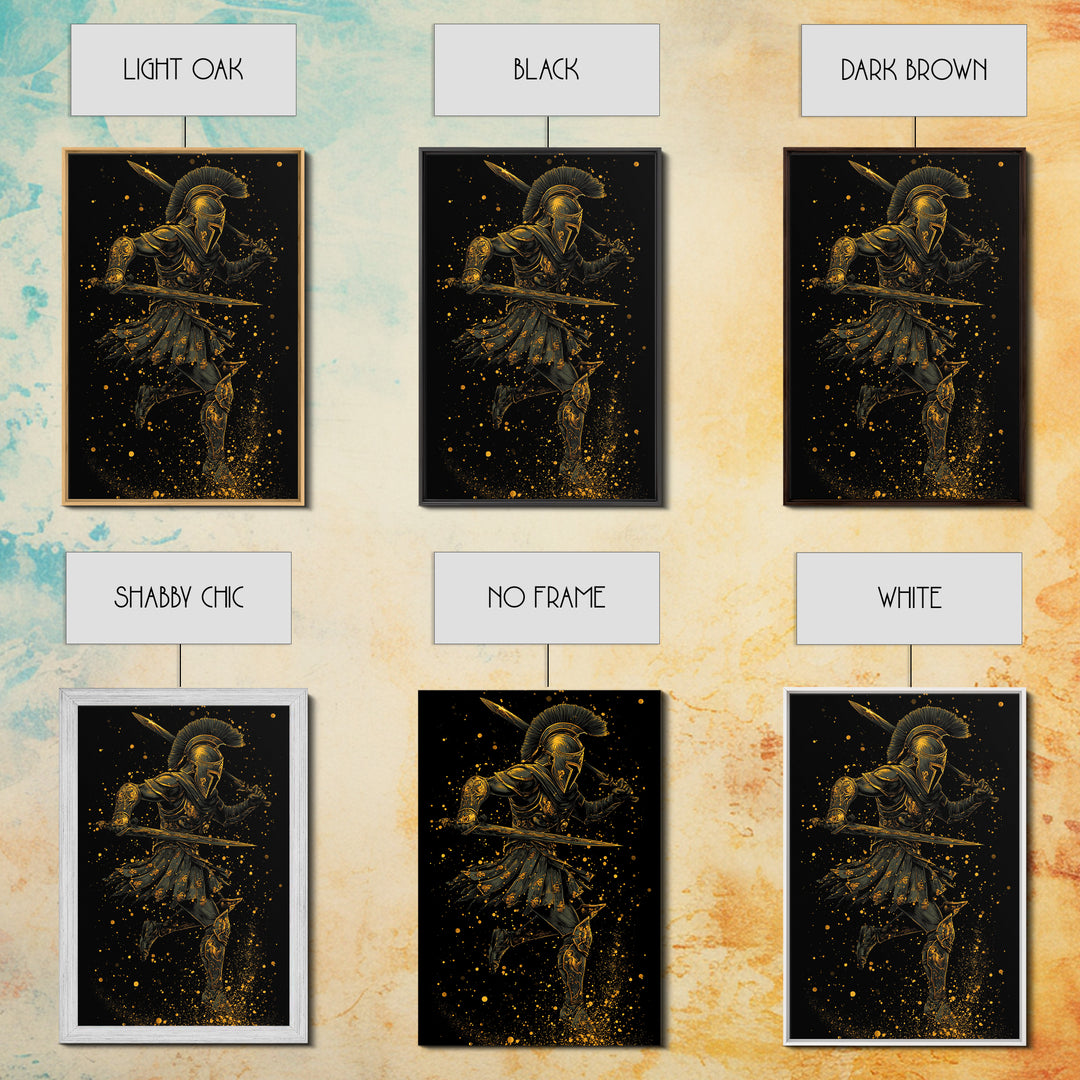 Canvas Gold Canvas Print, Spartan Warrior With Swords, Mythology Hero Decor, Real Wood Frame, Ancient Greek Soldier Artwork