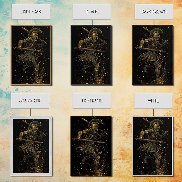 Canvas Gold Canvas Print, Spartan Warrior With Swords, Mythology Hero Decor, Real Wood Frame, Ancient Greek Soldier Artwork