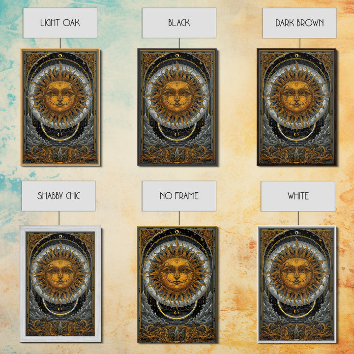 Celestial Sun And Moon Design, Canvas Gold Art, Astrology Wall Print, Mystical Home Decor, Real Wood Frame Mythic Artwork