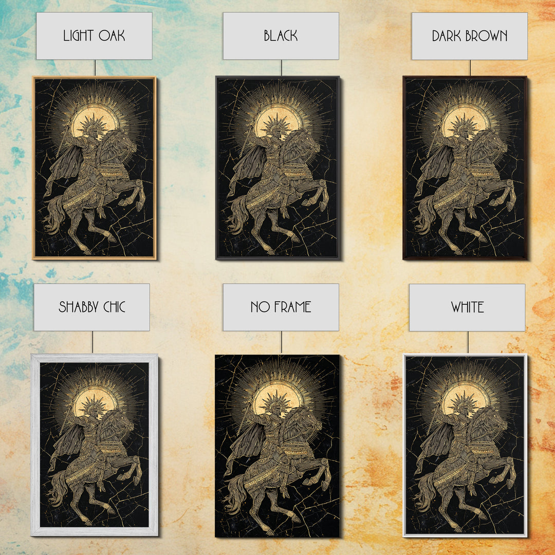 Heroic Warrior On Horseback, Canvas Gold Art, Ancient Soldier Wall Print, Mythology Decor, Real Wood Frame Epic Artwork