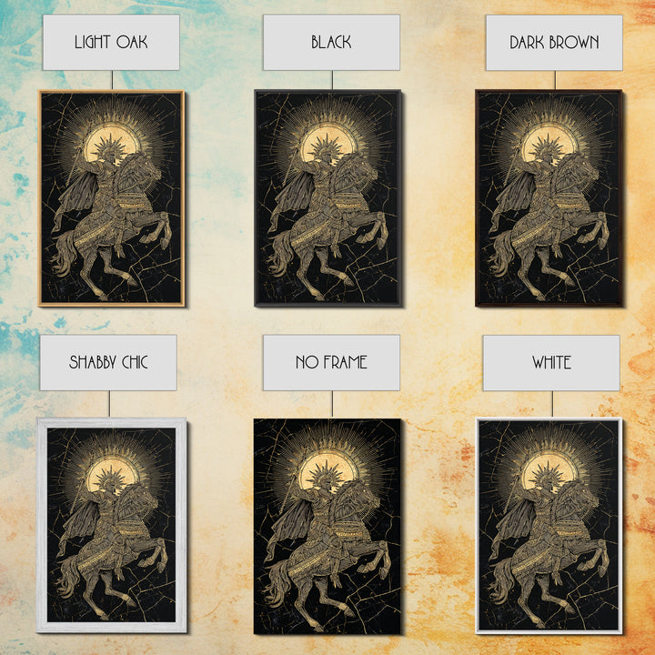 Heroic Warrior On Horseback, Canvas Gold Art, Ancient Soldier Wall Print, Mythology Decor, Real Wood Frame Epic Artwork