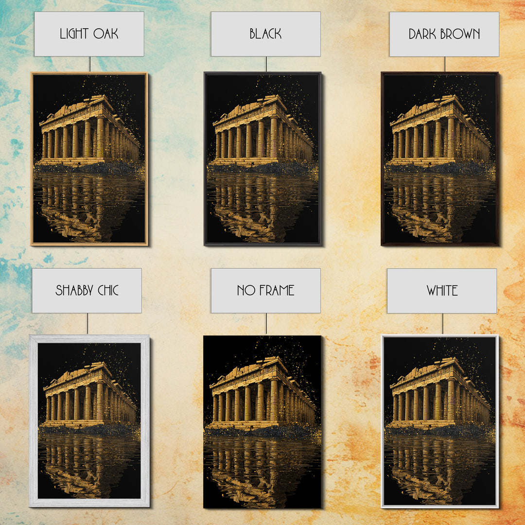 Parthenon Temple Reflection Shimmer, Canvas Gold Canvas Print, Ancient Greek Architecture Artwork, Real Wood Framed Decor