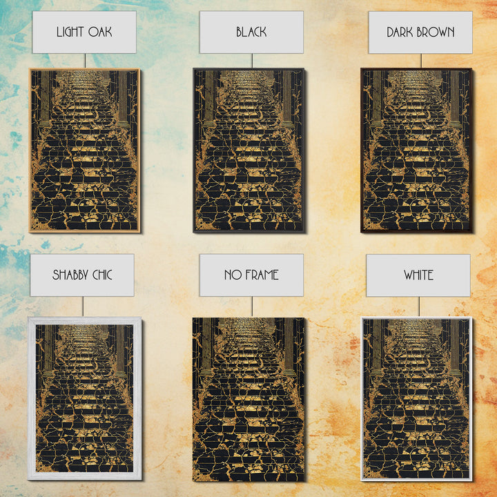 Cracked Marble Golden Stairway, Canvas Gold Art, Mythical Abstract Architecture Artwork, Real Wood Framed Wall Decor