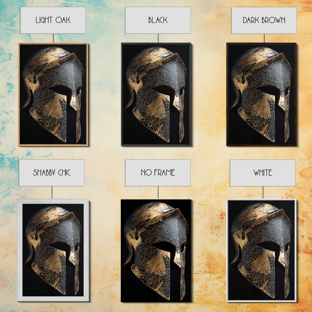 Heavily Ornamented Greek Helmet with Laurel Motif – Canvas Gold Art, Premium Framed Canvas Art with Real Wood, Heroic Wall Display
