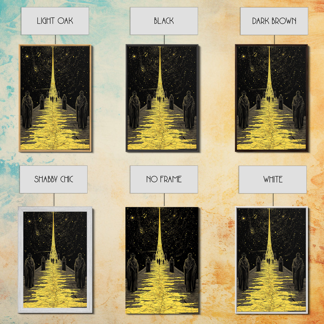 Celestial Path Of Golden Light, Canvas Gold Art, Mystical Night Sky Fantasy Print, Real Wood Framed Wall Artwork