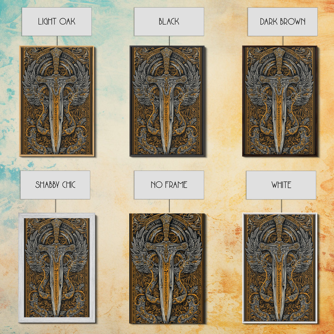 Winged Sword Surrounded By Dragons, Canvas Gold Art, Medieval Fantasy Canvas Print, Real Wood Framed Mythical Decor