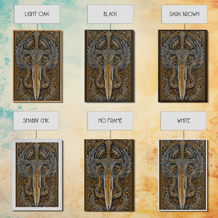 Winged Sword Surrounded By Dragons, Canvas Gold Art, Medieval Fantasy Canvas Print, Real Wood Framed Mythical Decor