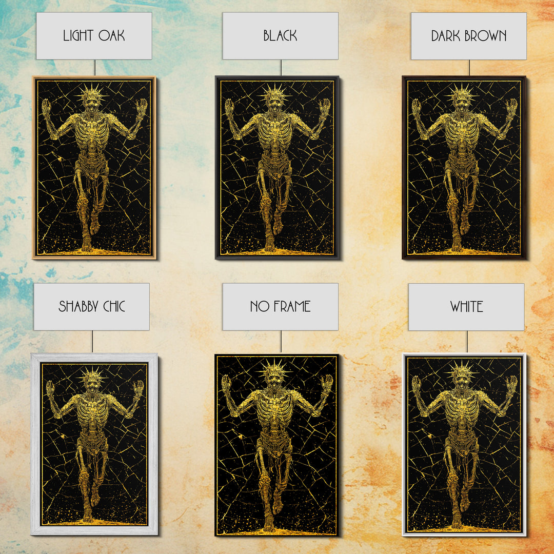 Golden Skeleton With Radiant Crown, Canvas Gold Art, Mythical Dark Fantasy Wall Print, Real Wood Framed Decor
