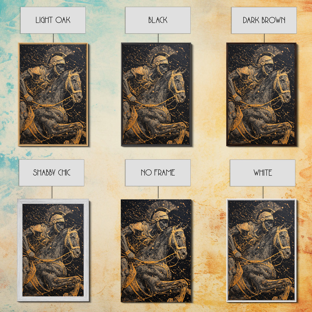 Spartan Horseback Warrior in Motion – Canvas Gold Art, Splatter Style Canvas Art, Ancient Greek Military Wall Decor