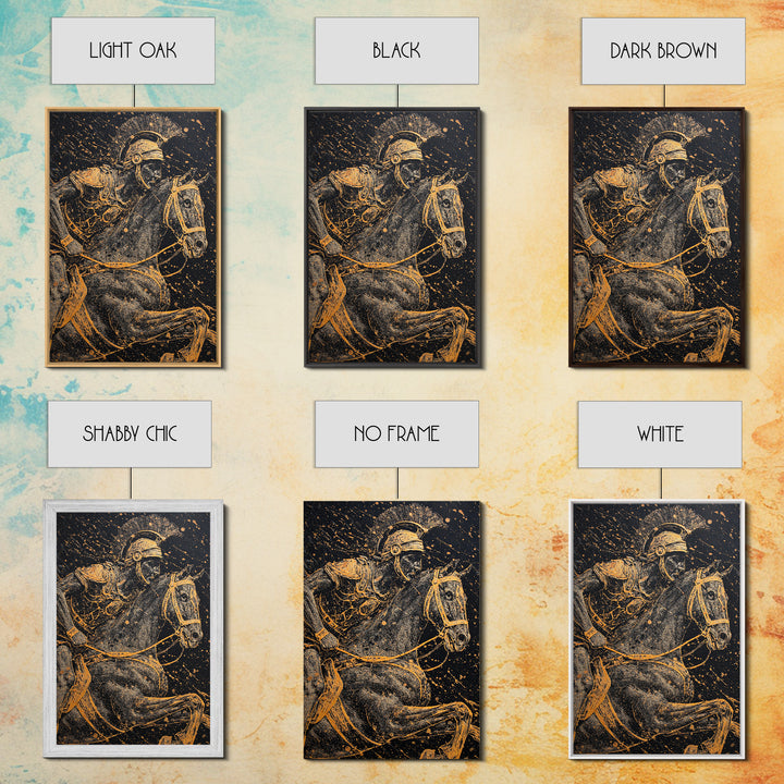 Spartan Horseback Warrior in Motion – Canvas Gold Art, Splatter Style Canvas Art, Ancient Greek Military Wall Decor