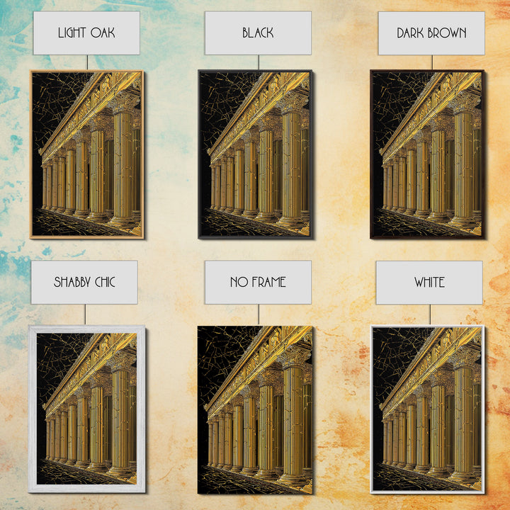 Ancient Parthenon Columns Canvas Gold Art, Classical Ruins Wall Decor, Real Wood Frame Canvas Print Decor