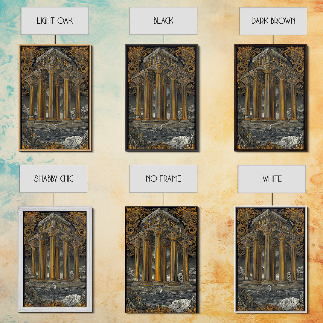 Temple Of The Gods, Mythological Architecture, Canvas Gold Canvas Print, Real Wood Frame Wall Art