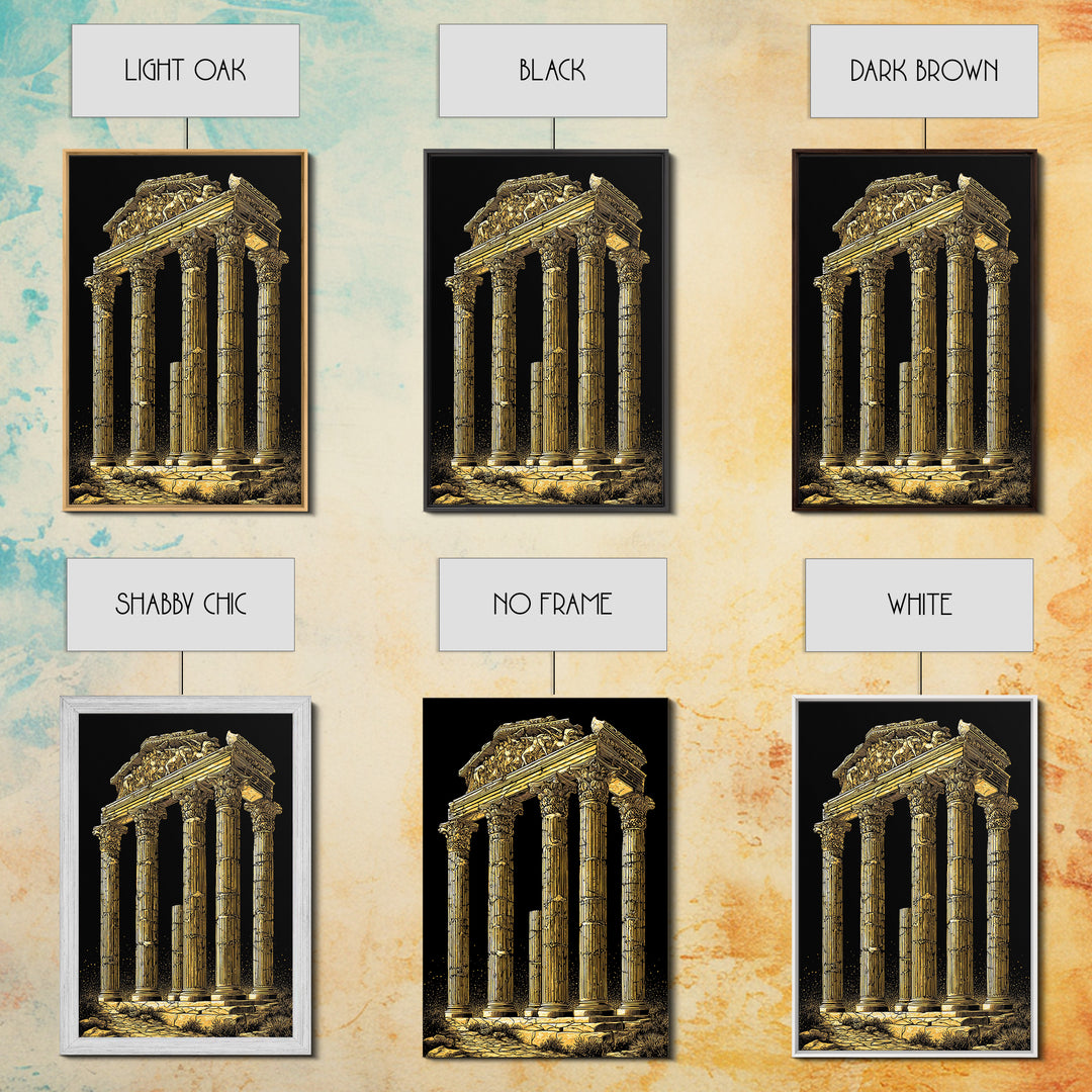Greek Temple Ruins, Timeless Classical Columns, Canvas Gold Canvas Print, Real Wood Frame Wall Art