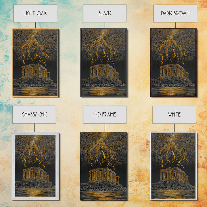 Parthenon With Lightning Storm, Dramatic Greek Myth Wall Art, Canvas Gold Canvas Print, Ancient Decor, Wood Frame