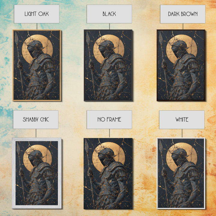 Spartan Warrior With Spear, Canvas Gold Canvas Print, Ancient Soldier Wall Art, Real Wood Frame Decor, Luxury Mythology